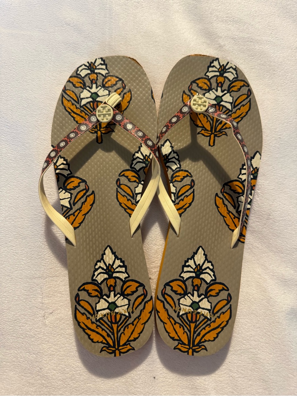 Tory Burch Beige Floral-Print Thong Sandals with Mustard Accents